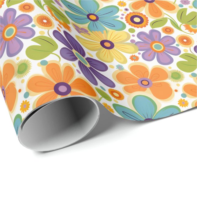 Papel De Regalo Flores retro Naranja Lilac y Verde (Esquina del rollo)