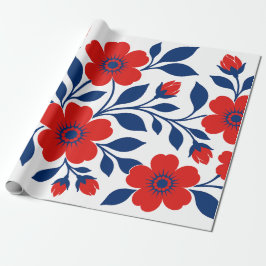 Papel De Regalo Flores rojas atrevidas y hojas azul marino