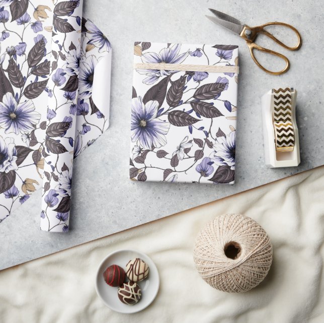 Papel De Regalo Flores rojas azul claro patrón fluido (Artesanía)