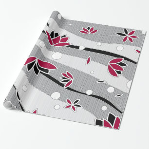 Papel De Regalo Flores rojas de Lotus en franjas grises