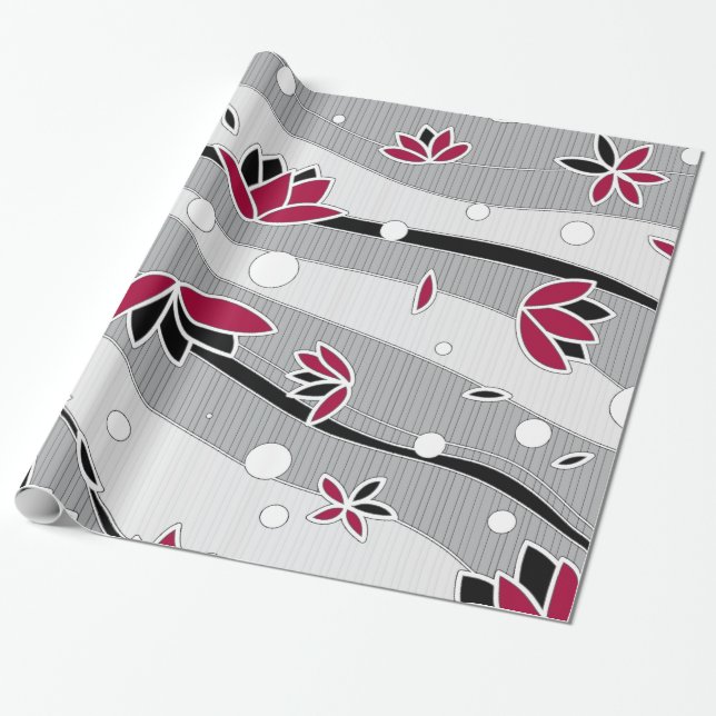 Papel De Regalo Flores rojas de Lotus en franjas grises (Desenrollado)