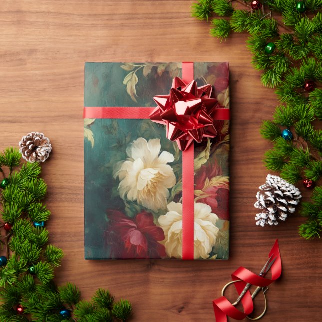 Papel De Regalo Flores rojas de oro verde (Regalo de vacaciones)