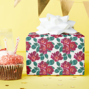 Papel De Regalo Flores rojas en blanco.