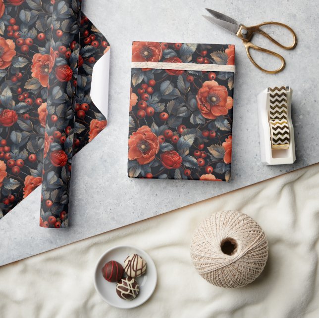 Papel De Regalo Flores rojas en negro (Artesanía)