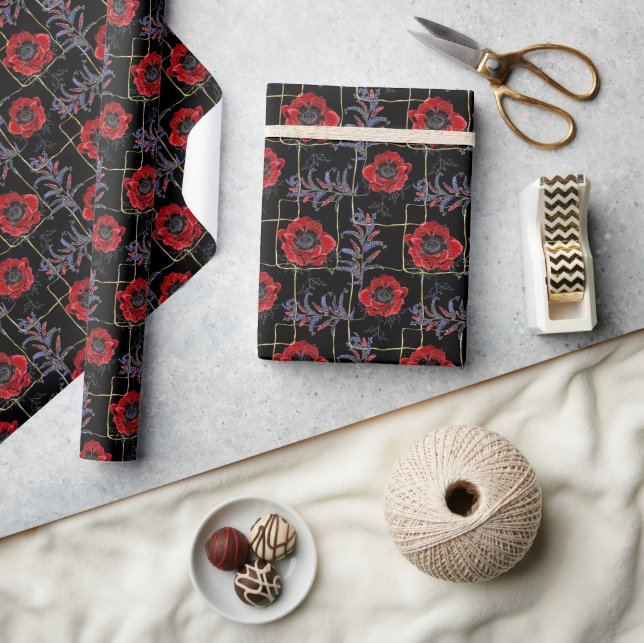 Papel De Regalo Flores rojas en negro. (Artesanía)