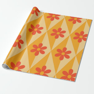 Papel De Regalo Flores rojas retro sobre diamantes vintage naranja