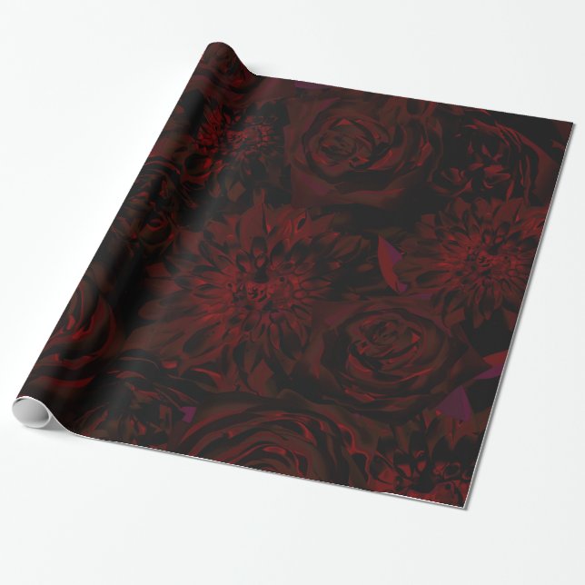 Papel De Regalo Flores rojas románticas del jardín oscuro boda gót (Desenrollado)