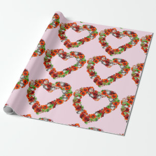 Papel De Regalo Flores rojas vintage y flor cardíaca de mariposa