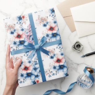 Papel De Regalo Flores rojas y azules sobre blanco