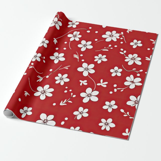 Papel De Regalo Flores Rojas Y Blancas bonitos (Desenrollado)