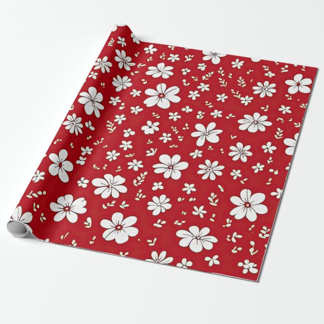 Papel De Regalo Flores Rojas Y Blancas bonitos (Desenrollado)