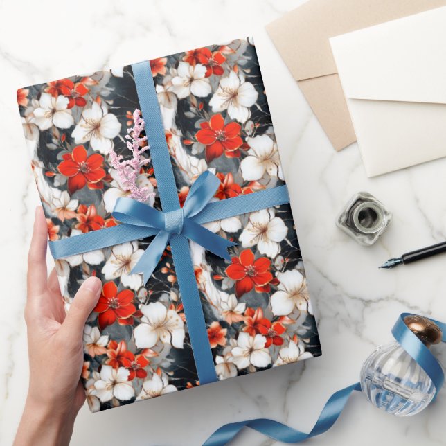 Papel De Regalo Flores rojas y blancas sobre mármol (Regalar)