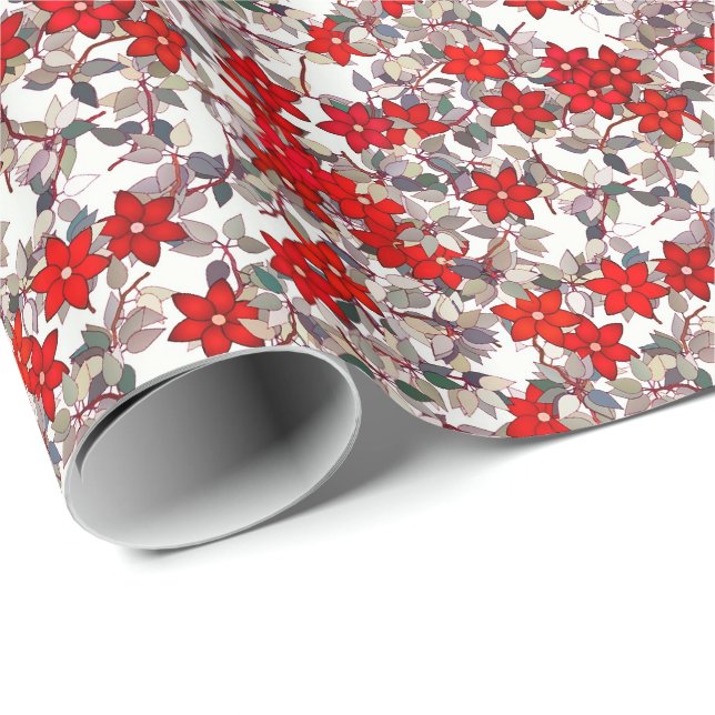 Papel De Regalo Flores rojas y hojas grises plateadas (Esquina del rollo)