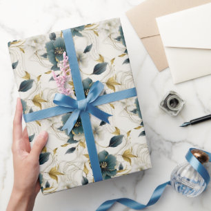 Papel De Regalo Flores románticas verde azulado crema