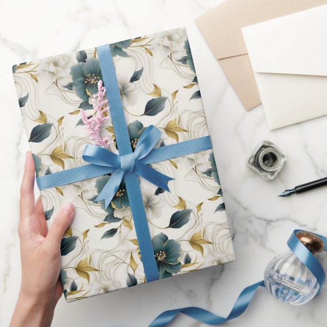 Papel De Regalo Flores románticas verde azulado crema (Regalar)