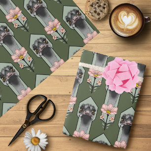 Papel De Regalo Flores Rosa Avestruz Verde Oliva Art Déco