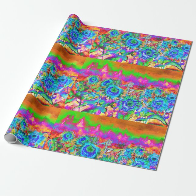 Papel De Regalo Flores rosa púrpura azul retro boho (Desenrollado)