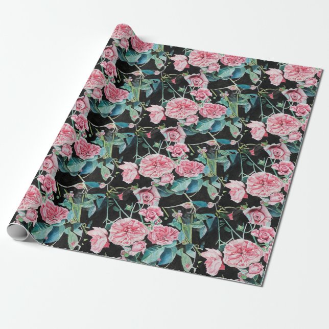 Papel De Regalo Flores rosa rosa floral Acuarela Envoltura (Desenrollado)