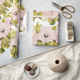 Papel De Regalo Flores rosa suave anémónicas color agua pintadas a