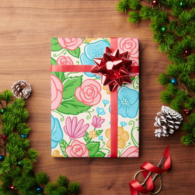 Papel De Regalo Flores Rosa Y Azul (Regalo de vacaciones)