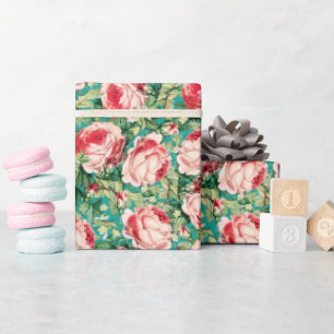 Papel De Regalo Flores rosa y rosa roja y hojas verdes