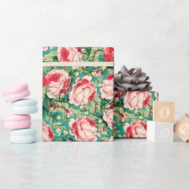 Papel De Regalo Flores rosa y rosa roja y hojas verdes (Baby Shower)