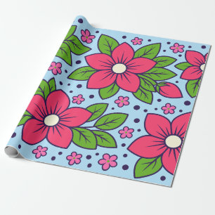 Papel De Regalo Flores rosadas con pétalos audaces y hojas verdes