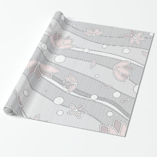 Papel De Regalo Flores rosadas de Lotus en franjas blancas