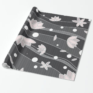Papel De Regalo Flores rosadas de Lotus en franjas negras