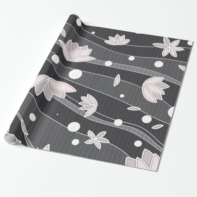 Papel De Regalo Flores rosadas de Lotus en franjas negras (Desenrollado)