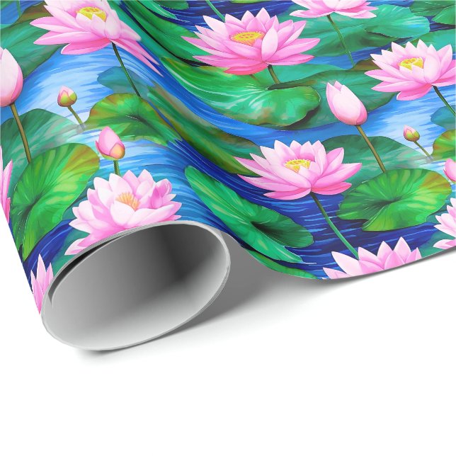Papel De Regalo Flores rosadas de Lotus en un estanque (Esquina del rollo)