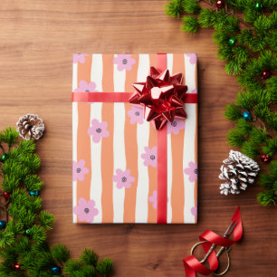 Papel De Regalo Flores rosadas geniales en rayas naranjas