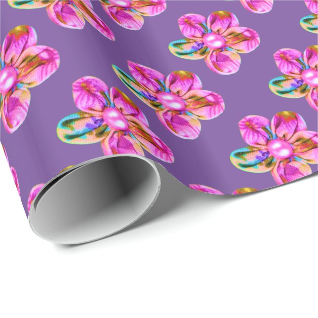 Papel De Regalo Flores rosadas, violetas, cosidas a mano (Esquina del rollo)