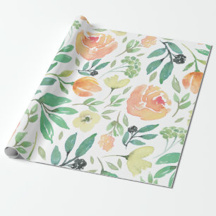 Papel De Regalo Flores rosadas y amarillas acuarela de colores sin