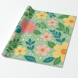Papel De Regalo Flores rosadas y amarillas con hojas verdes y azul