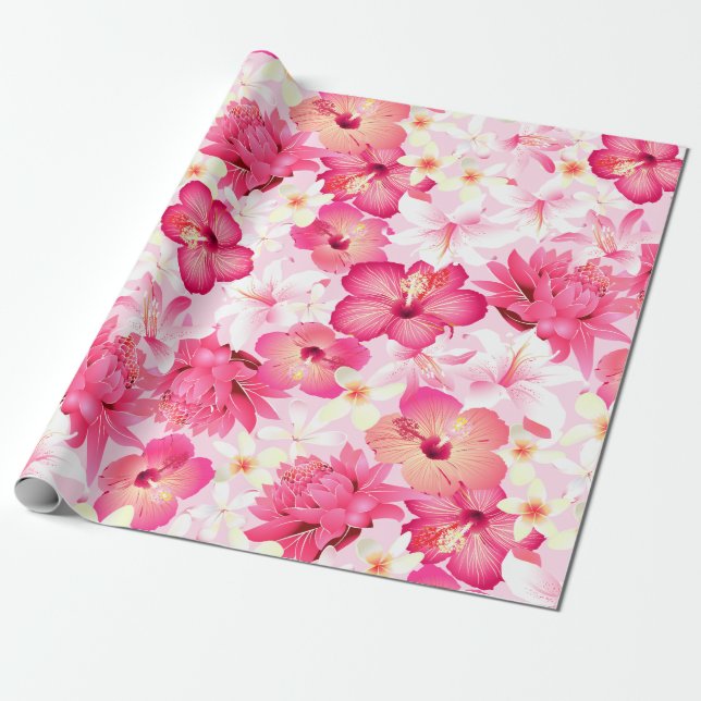 Papel De Regalo Flores rosadas y blancas tropicales (Desenrollado)