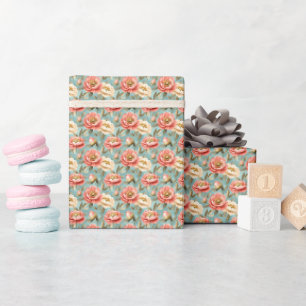 Papel De Regalo Flores rosadas y marfil sobre turquesa