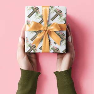 Papel De Regalo Flores rosas Brown Cruz Religiosa de Pascua