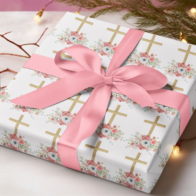 Papel De Regalo Flores rosas Brown Cruz Religiosa de Pascua (Subido por el creador)