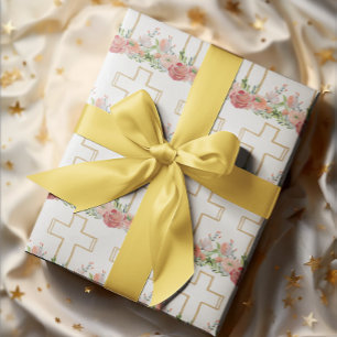 Papel De Regalo Flores rosas cruzas religiosas de oro Pascua