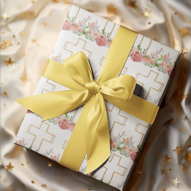Papel De Regalo Flores rosas cruzas religiosas de oro Pascua (Subido por el creador)