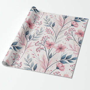 Papel De Regalo Flores rosas delicadas con follaje azul suave