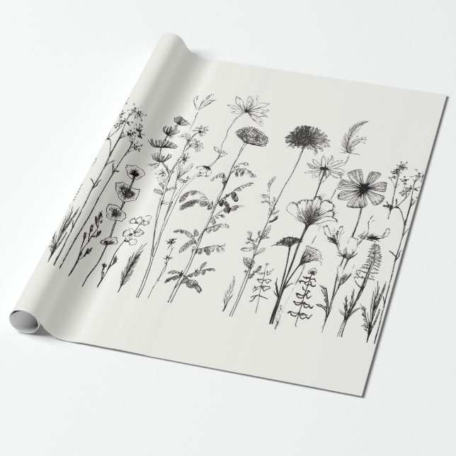 Papel De Regalo Flores salvajes negras y blancas (Desenrollado)