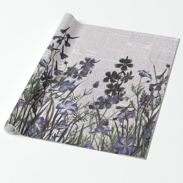 Papel De Regalo Flores salvajes púrpuras en el periódico del (Desenrollado)