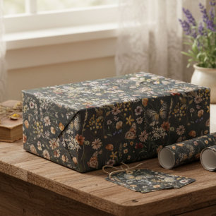 Papel De Regalo Flores silvestres acuarela gris carbón boho