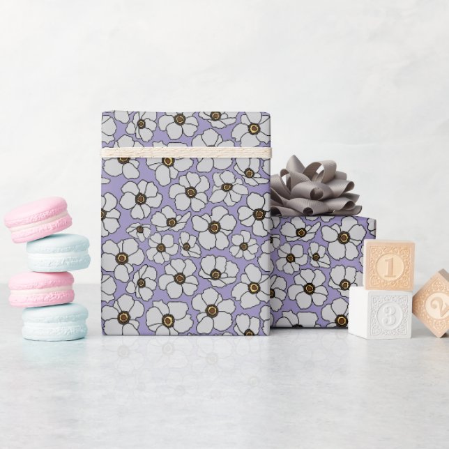 Papel De Regalo Flores silvestres blancas sobre lavanda (Baby Shower)
