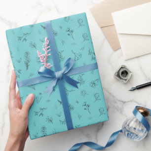 Papel De Regalo Flores silvestres bosquejadas sobre azul turquesa 
