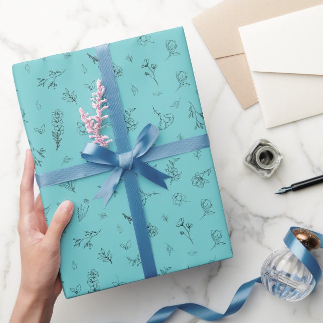 Papel De Regalo Flores silvestres bosquejadas sobre azul turquesa  (Regalar)