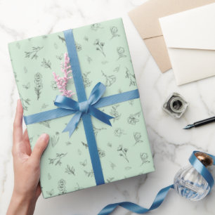 Papel De Regalo Flores silvestres bosquejadas sobre verde claro