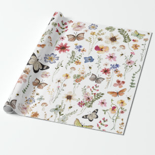 Papel De Regalo Flores silvestres coloridas mariposas botánicas